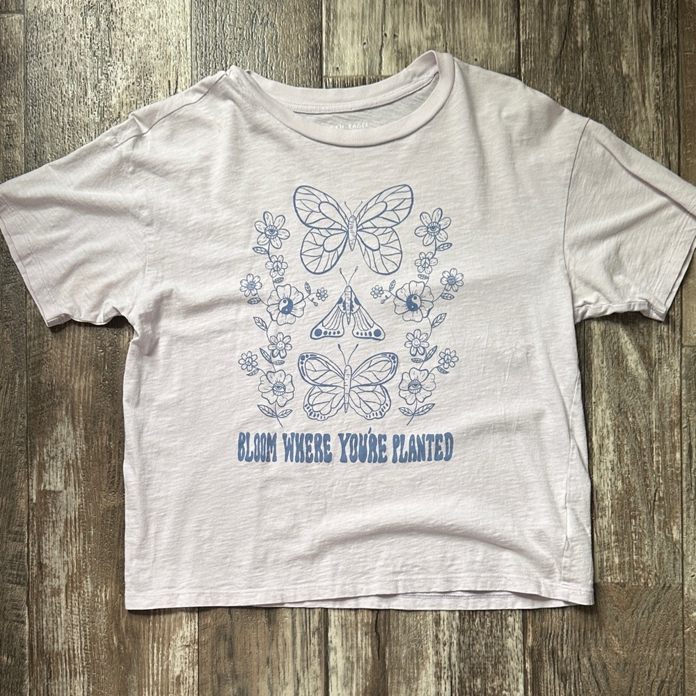 American Eagle Outfitters White Tee with Blue Butterfly & Floral Graphic